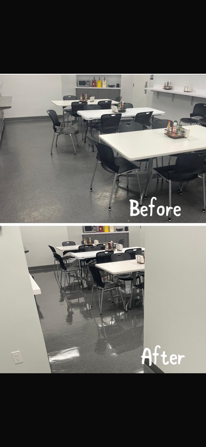 Before and after break room floor cleaning