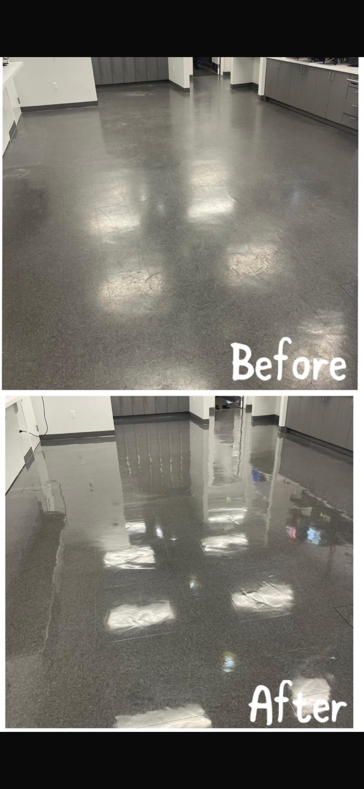Before and after floor stripping and waxing