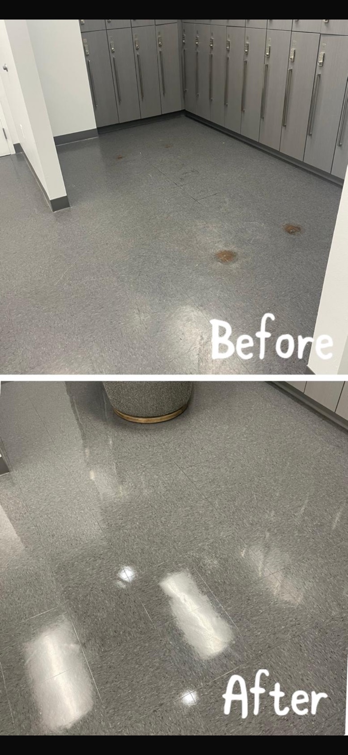 Before and after locker room floor cleaning